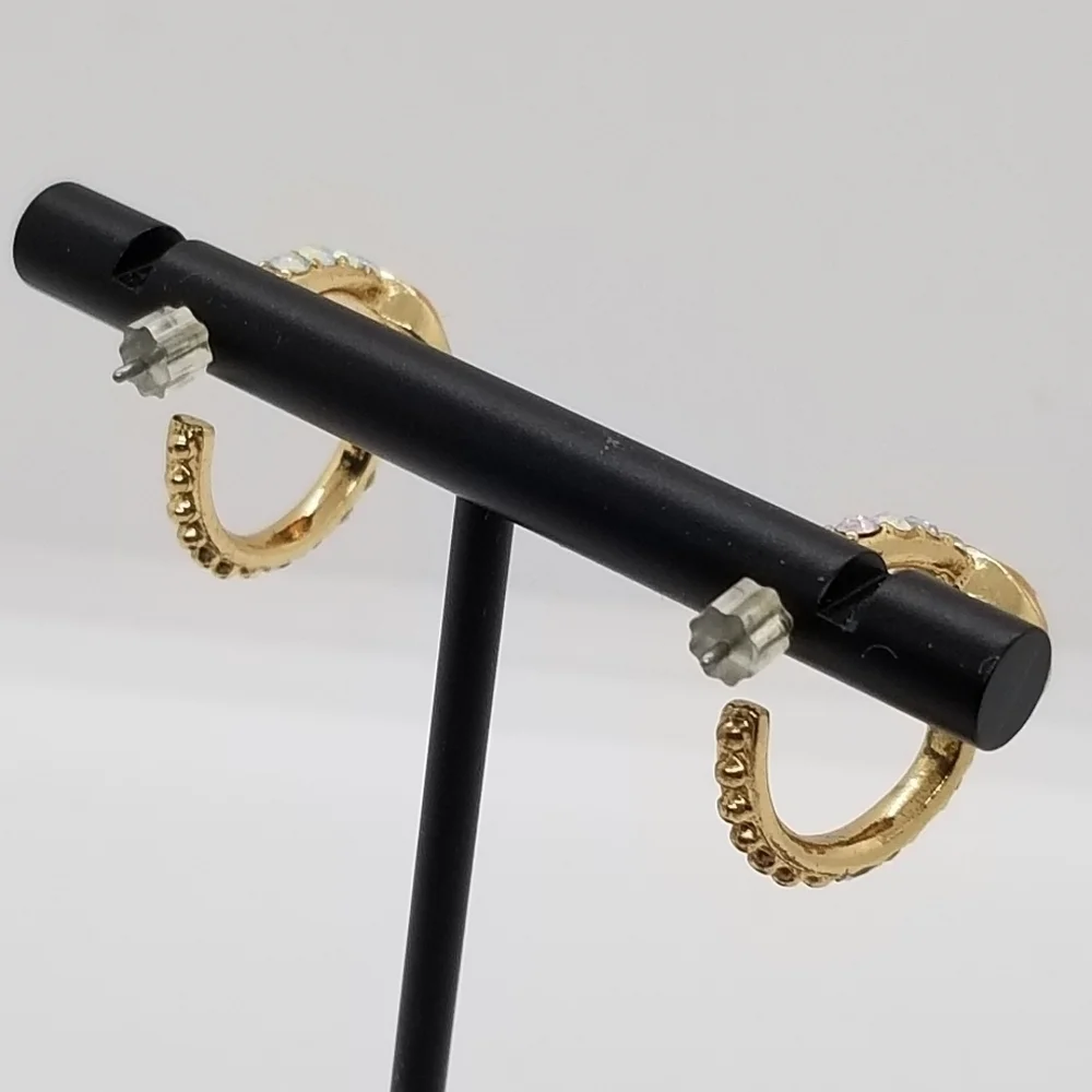 gold tone hoop earrings with pink cabochon and AB rhinestones